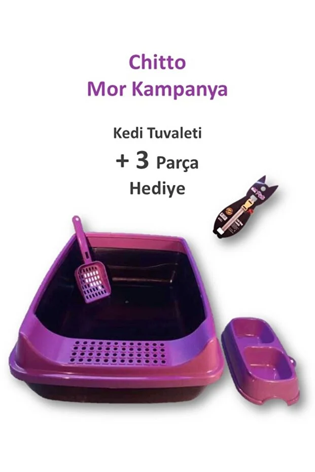 Açık Elekli Kedi Tuvaleti - Kürek - Mama Kabı - Tasma Hediyeli